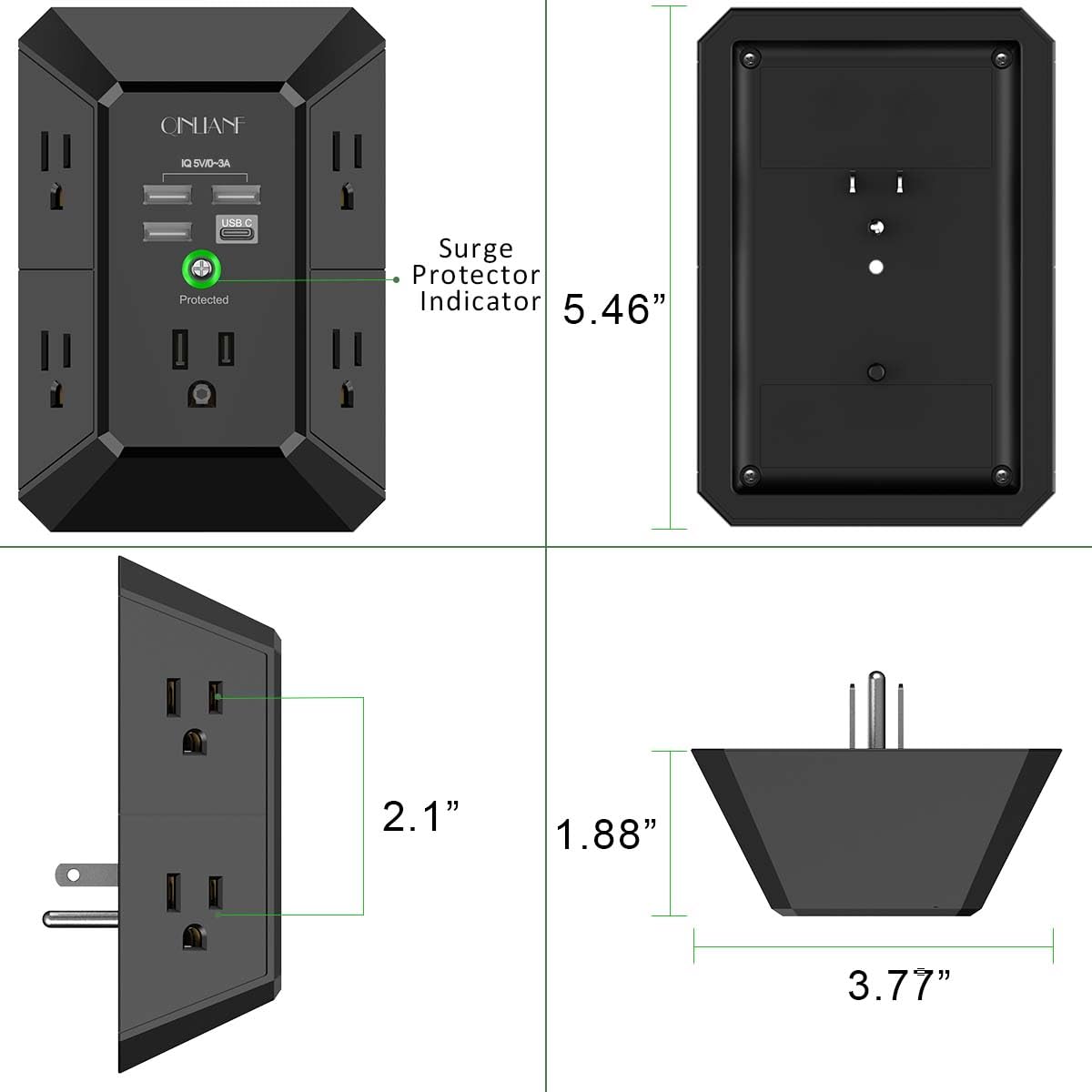 Wall Charger, Surge Protector, QINLIANF 5 Outlet Extender with 4 USB Ports