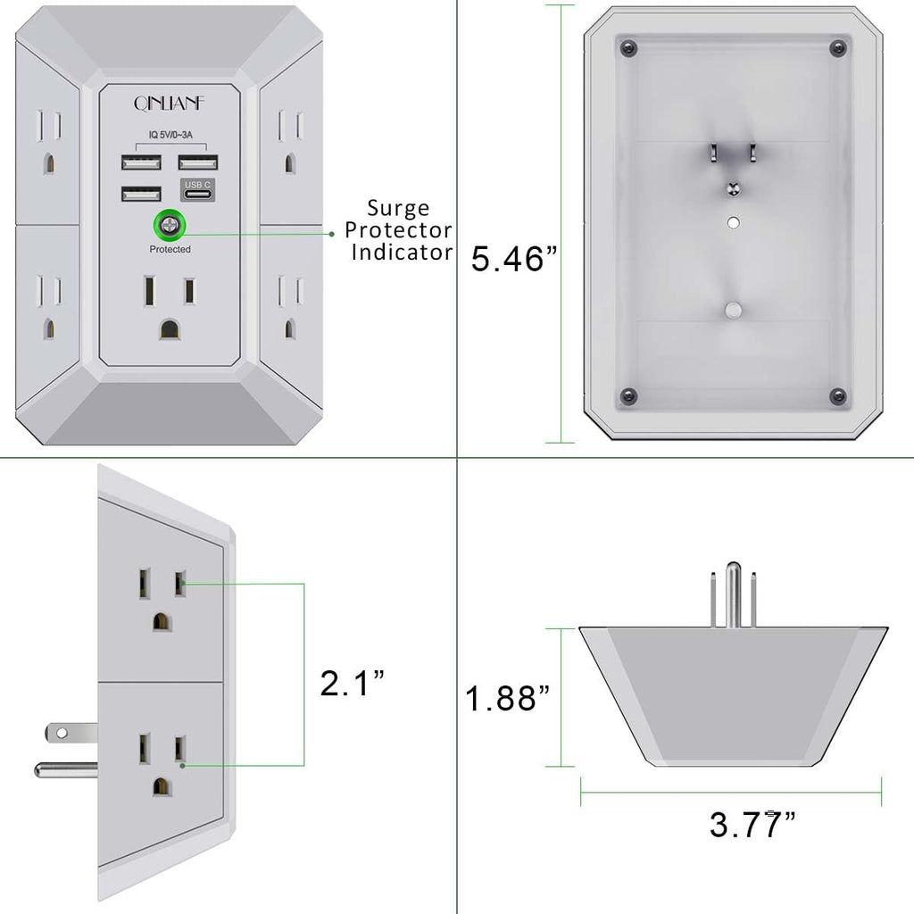Wall Charger, Surge Protector, QINLIANF 5 Outlet Extender with 4 USB Ports