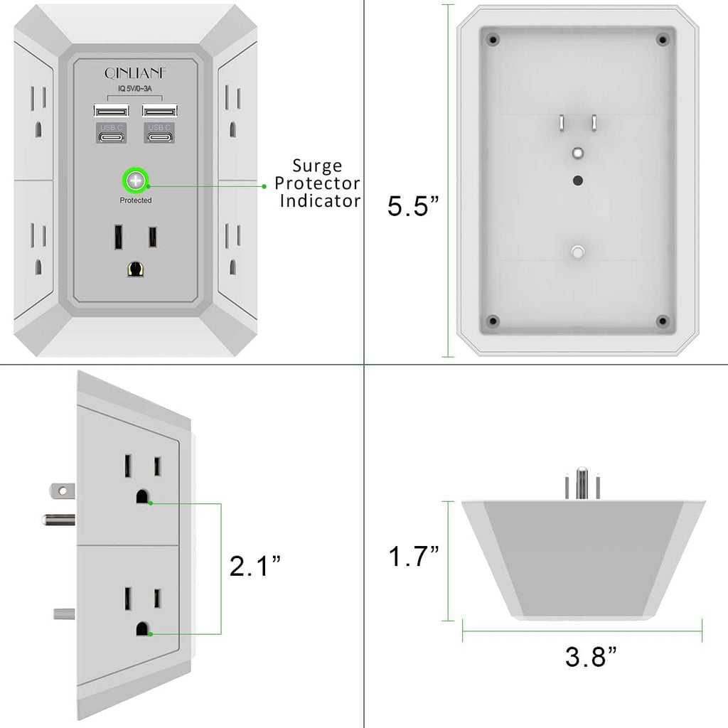 Wall Charger, Surge Protector, QINLIANF 5 Outlet Extender with 4 USB Ports