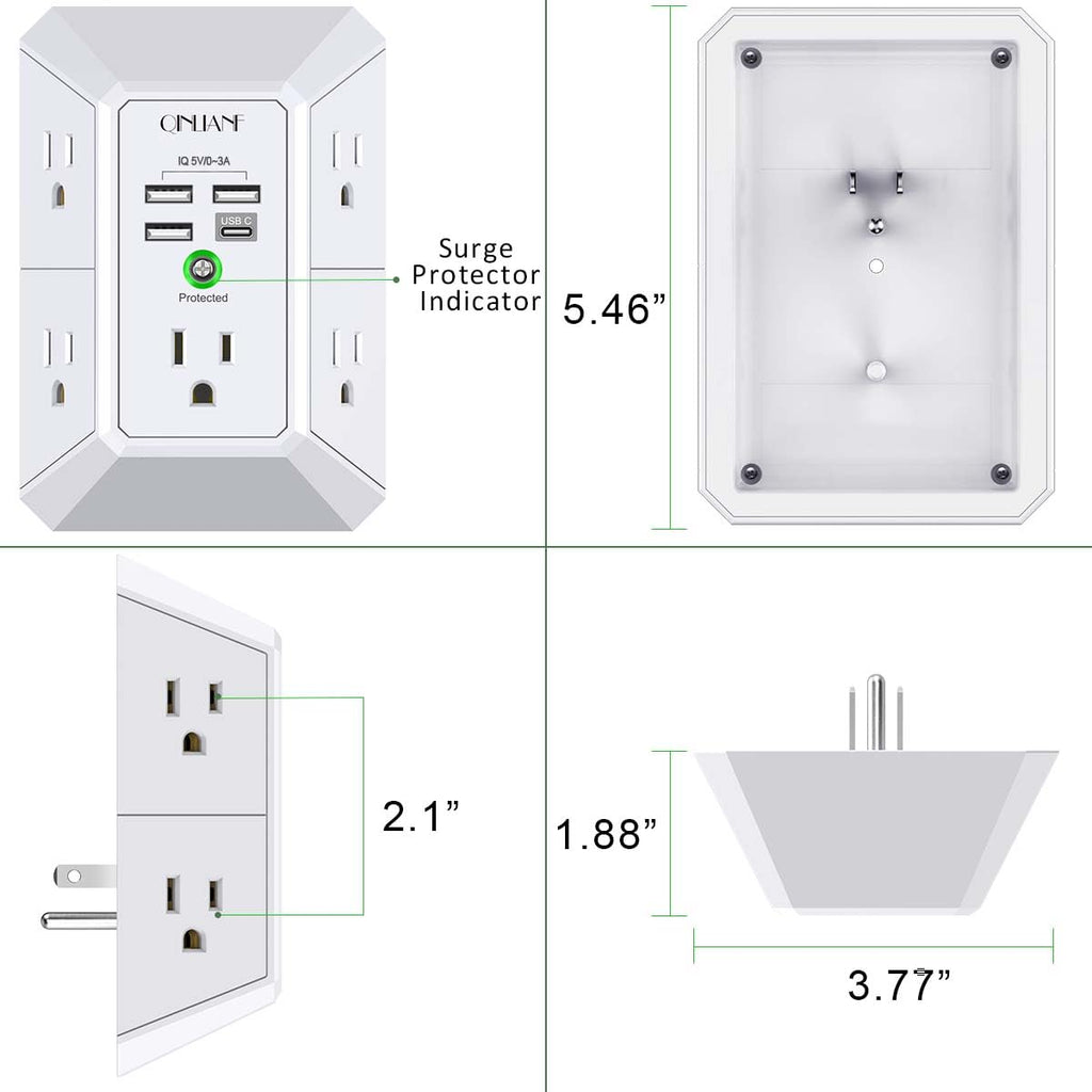Wall Charger, Surge Protector, QINLIANF 5 Outlet Extender with 4 USB Ports