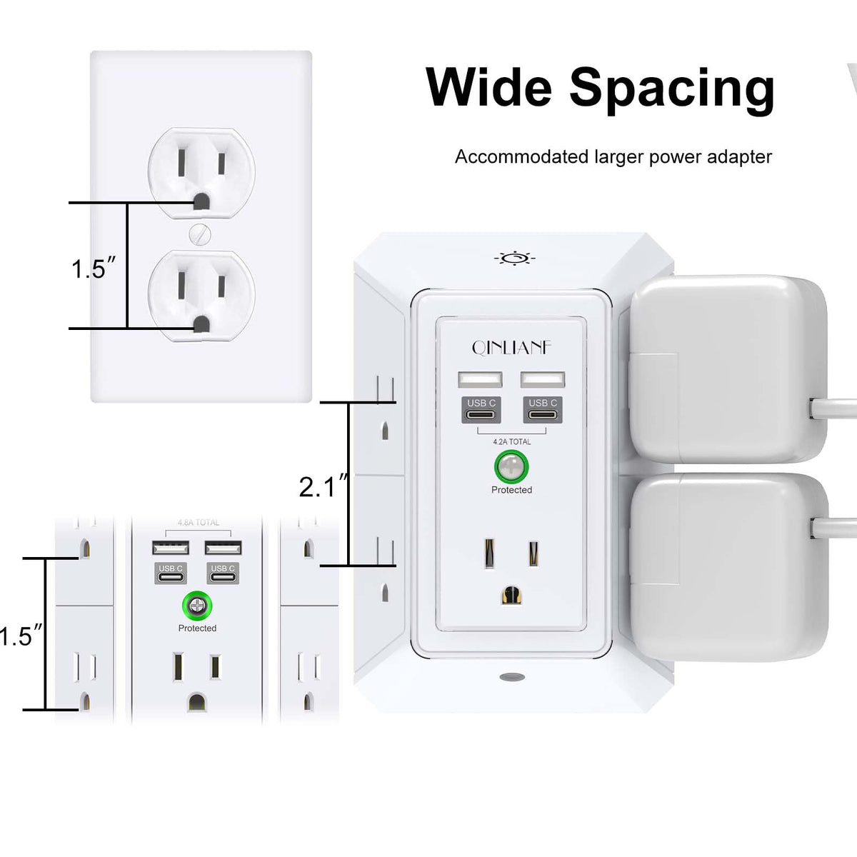 Wall Charger, Surge Protector, QINLIANF 5 Outlet Extender with 4 USB Ports