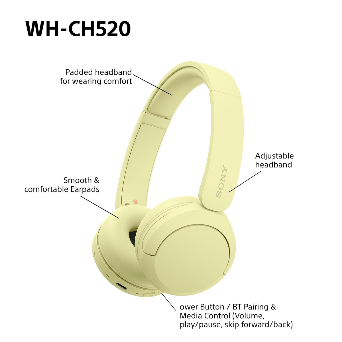 Sony WH-CH520 Wireless Bluetooth On-Ear Headphones, Lightweight Design, Up to 50 Hr Battery Life, Quick Charge, EQ, Clear Call Quality, iOS & Android, Black