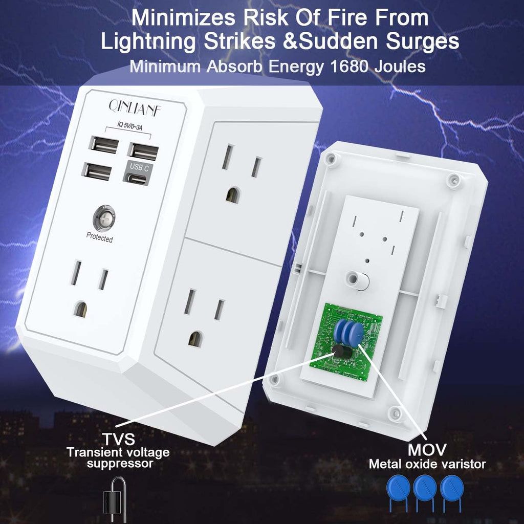 Wall Charger, Surge Protector, QINLIANF 5 Outlet Extender with 4 USB Ports