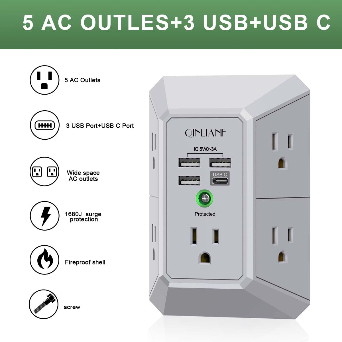 Wall Charger, Surge Protector, QINLIANF 5 Outlet Extender with 4 USB Ports