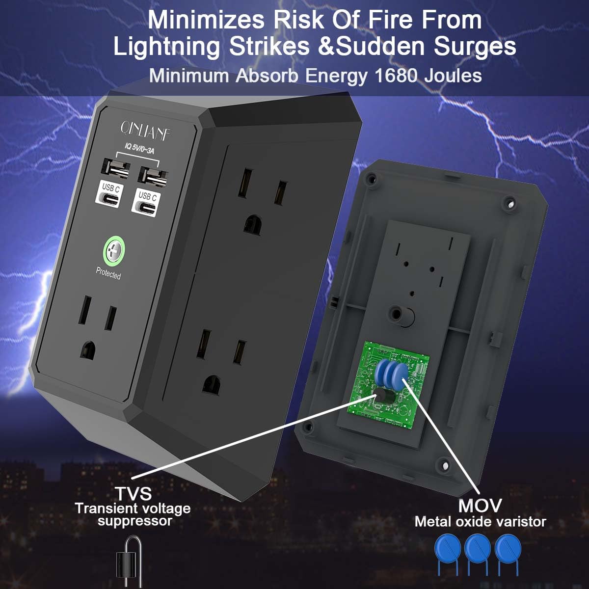 Wall Charger, Surge Protector, QINLIANF 5 Outlet Extender with 4 USB Ports