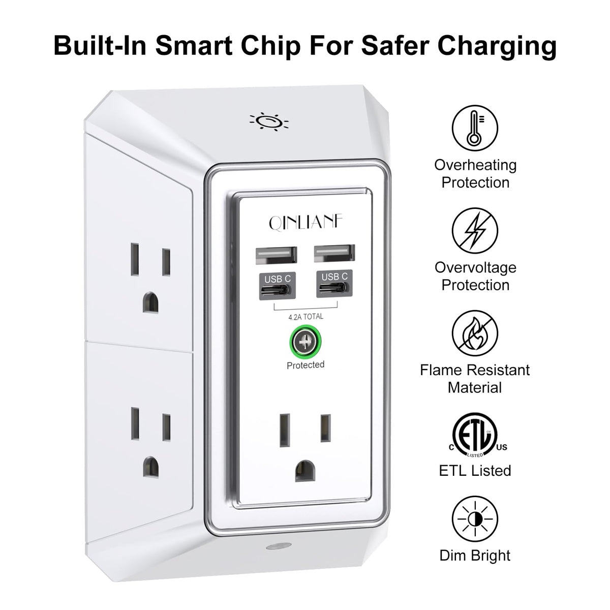 Wall Charger, Surge Protector, QINLIANF 5 Outlet Extender with 4 USB Ports