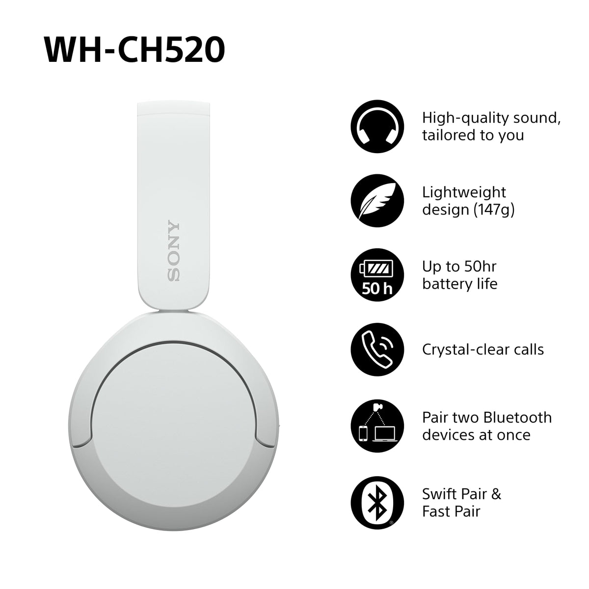 Sony WH-CH520 Wireless Bluetooth On-Ear Headphones, Lightweight Design, Up to 50 Hr Battery Life, Quick Charge, EQ, Clear Call Quality, iOS & Android, Black