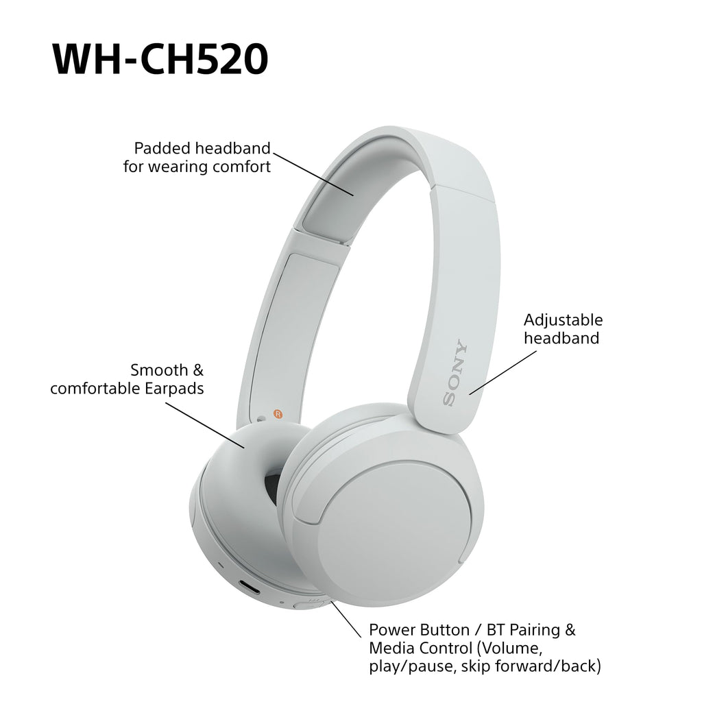 Sony WH-CH520 Wireless Bluetooth On-Ear Headphones, Lightweight Design, Up to 50 Hr Battery Life, Quick Charge, EQ, Clear Call Quality, iOS & Android, Black