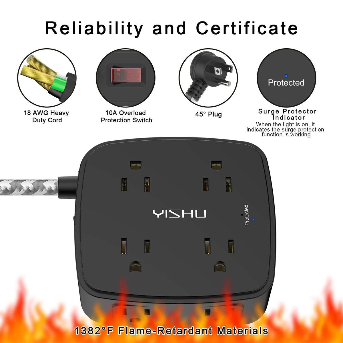 YISHU 6Ft Surge Protector Power Strip with 8 Widely Outlets & 4 USB Ports
