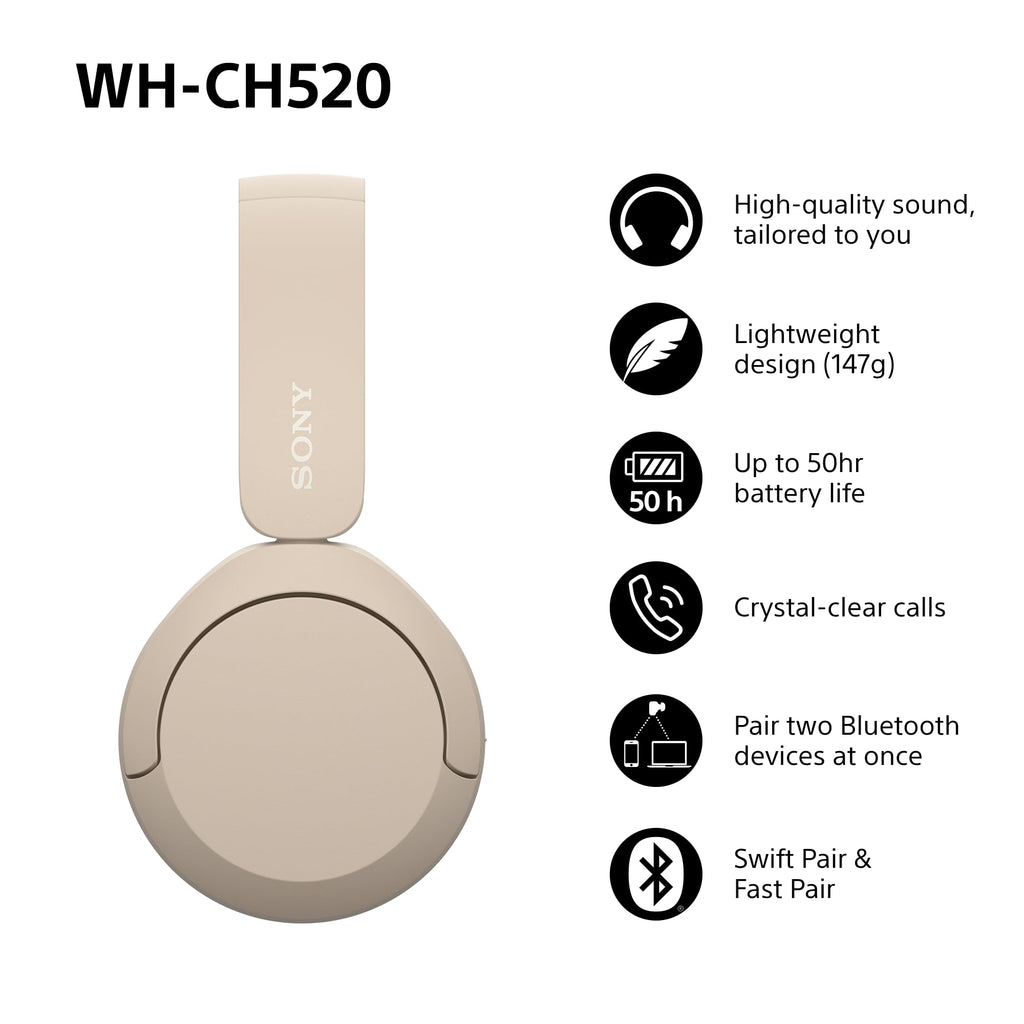 Sony WH-CH520 Wireless Bluetooth On-Ear Headphones, Lightweight Design, Up to 50 Hr Battery Life, Quick Charge, EQ, Clear Call Quality, iOS & Android, Black
