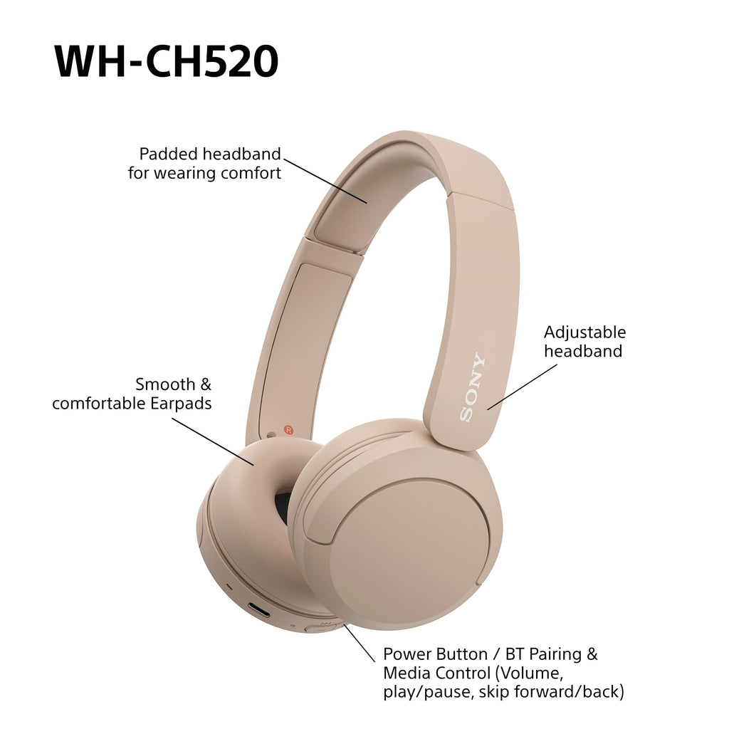Sony WH-CH520 Wireless Bluetooth On-Ear Headphones, Lightweight Design, Up to 50 Hr Battery Life, Quick Charge, EQ, Clear Call Quality, iOS & Android, Black