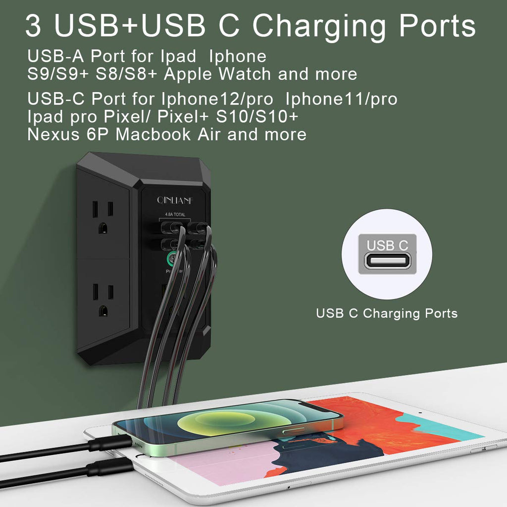 Wall Charger, Surge Protector, QINLIANF 5 Outlet Extender with 4 USB Ports