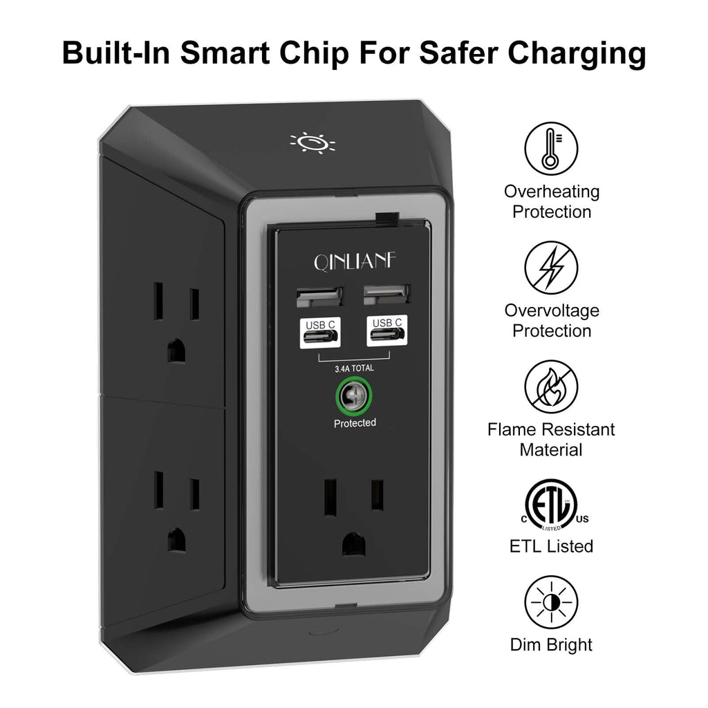 Wall Charger, Surge Protector, QINLIANF 5 Outlet Extender with 4 USB Ports