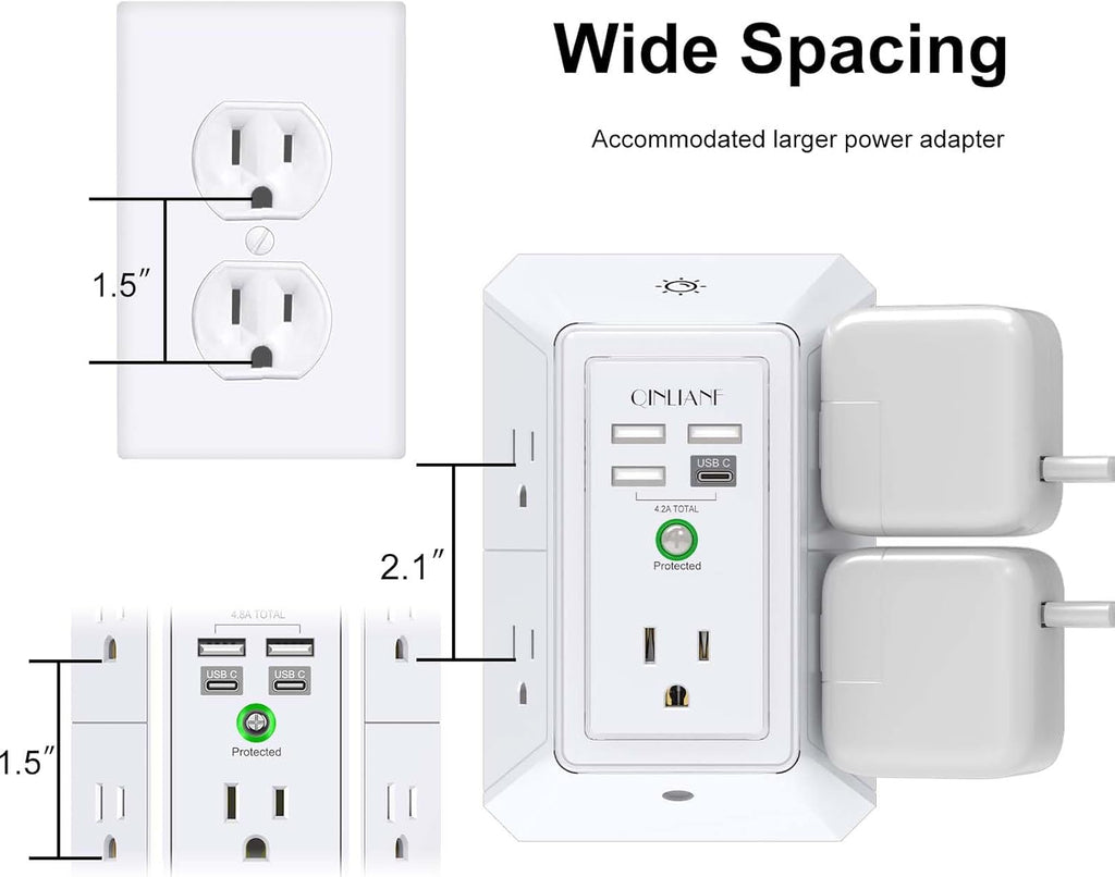 Wall Charger, Surge Protector, QINLIANF 5 Outlet Extender with 4 USB Ports
