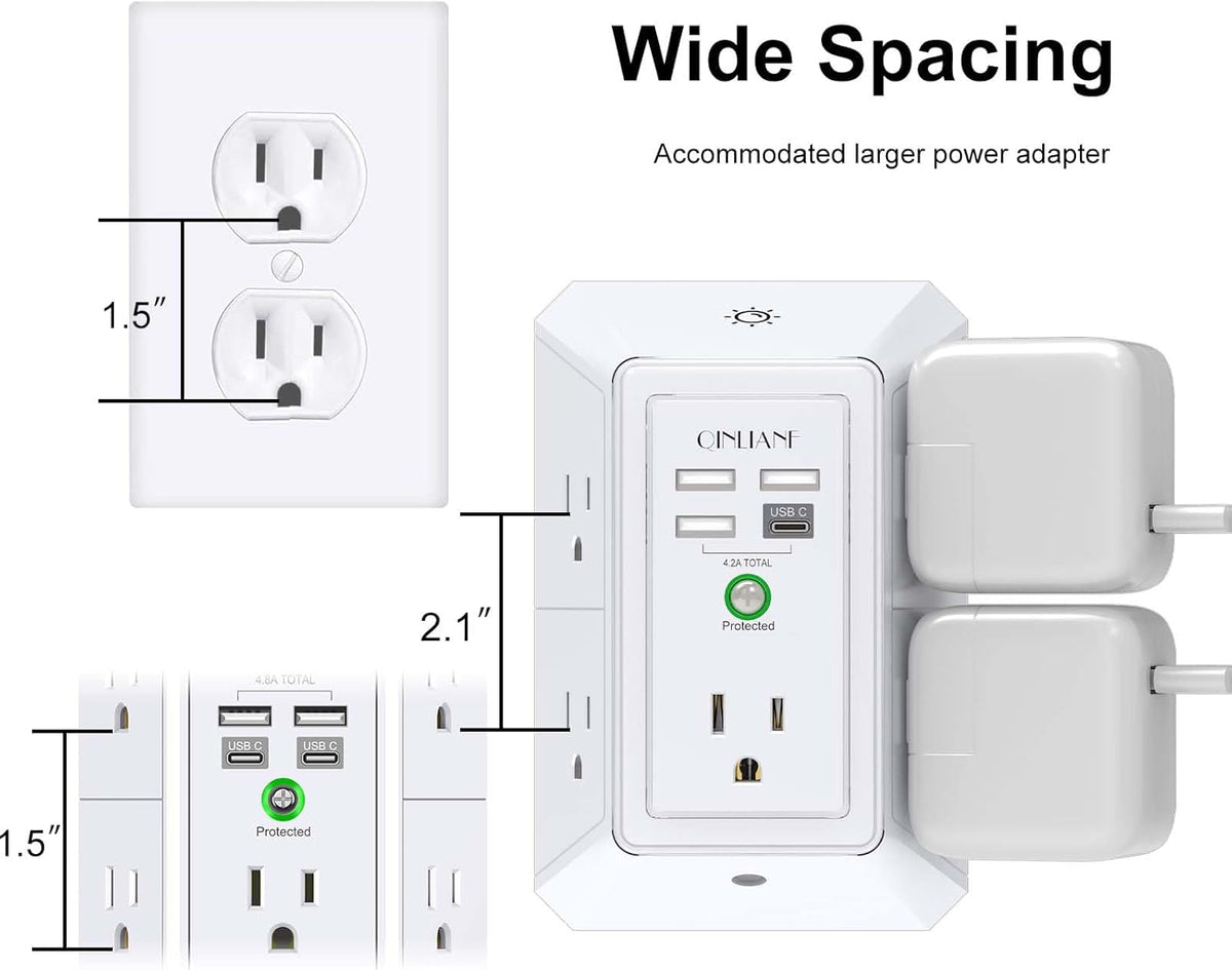 Wall Charger, Surge Protector, QINLIANF 5 Outlet Extender with 4 USB Ports