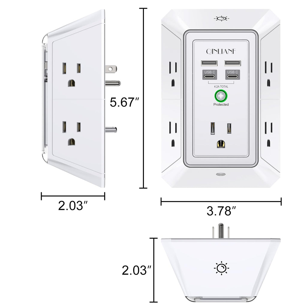 Wall Charger, Surge Protector, QINLIANF 5 Outlet Extender with 4 USB Ports