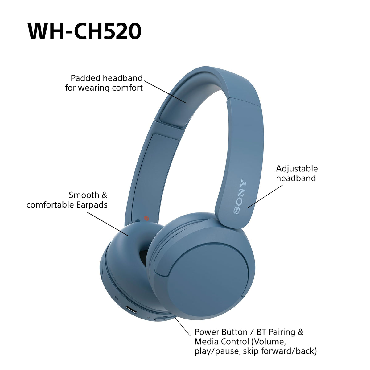 Sony WH-CH520 Wireless Bluetooth On-Ear Headphones, Lightweight Design, Up to 50 Hr Battery Life, Quick Charge, EQ, Clear Call Quality, iOS & Android, Black