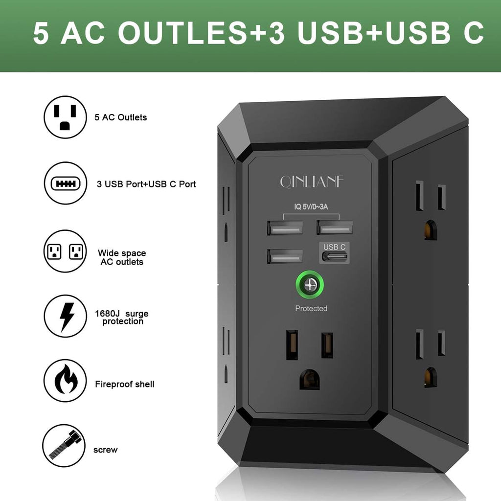 Wall Charger, Surge Protector, QINLIANF 5 Outlet Extender with 4 USB Ports