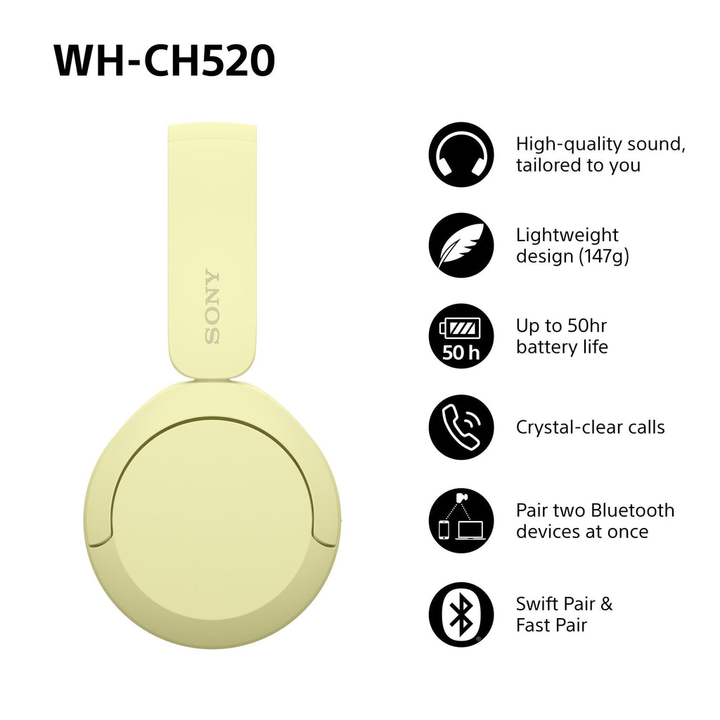 Sony WH-CH520 Wireless Bluetooth On-Ear Headphones, Lightweight Design, Up to 50 Hr Battery Life, Quick Charge, EQ, Clear Call Quality, iOS & Android, Black