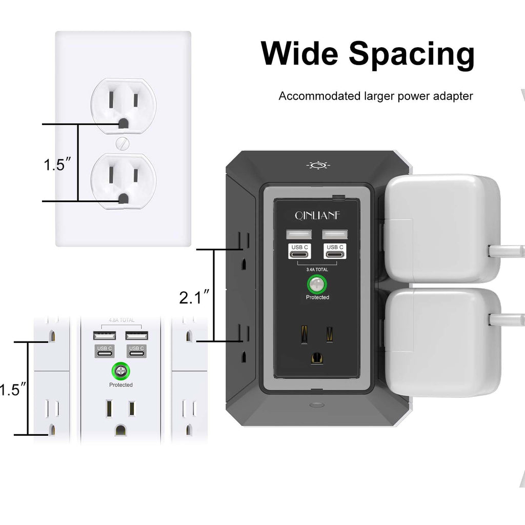 Wall Charger, Surge Protector, QINLIANF 5 Outlet Extender with 4 USB Ports