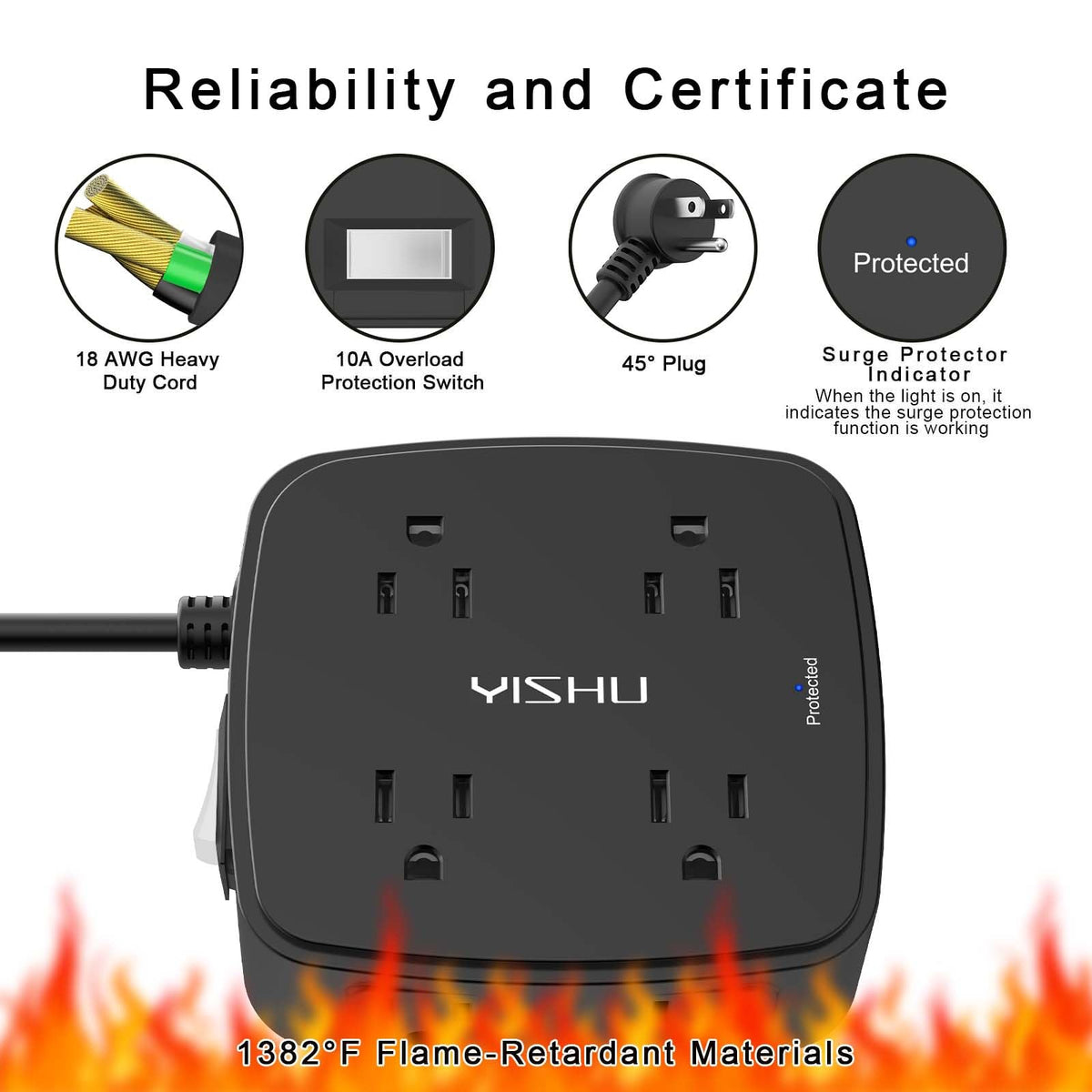 YISHU 6Ft Surge Protector Power Strip with 8 Widely Outlets & 4 USB Ports