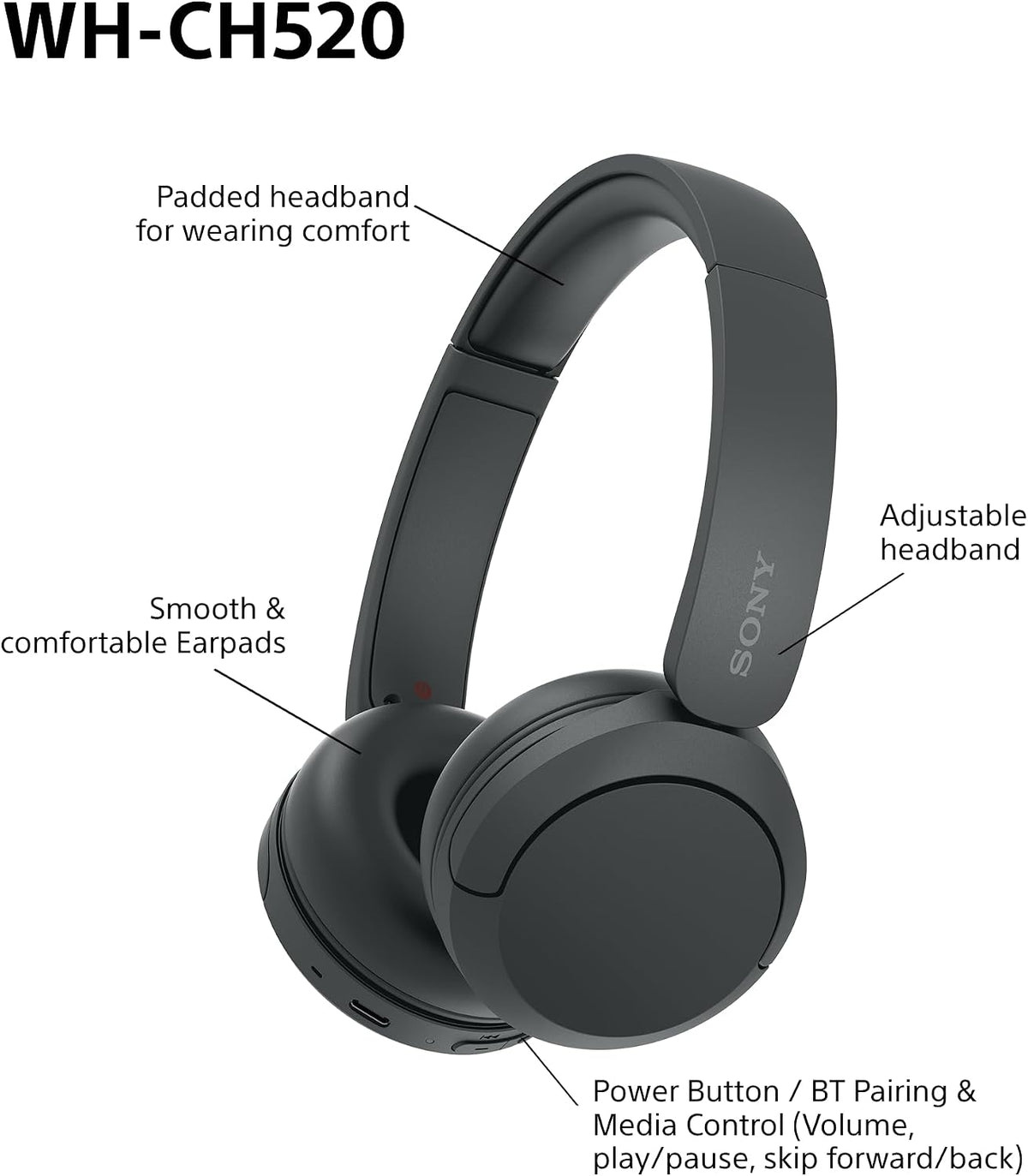 Sony WH-CH520 Wireless Bluetooth On-Ear Headphones, Lightweight Design, Up to 50 Hr Battery Life, Quick Charge, EQ, Clear Call Quality, iOS & Android, Black