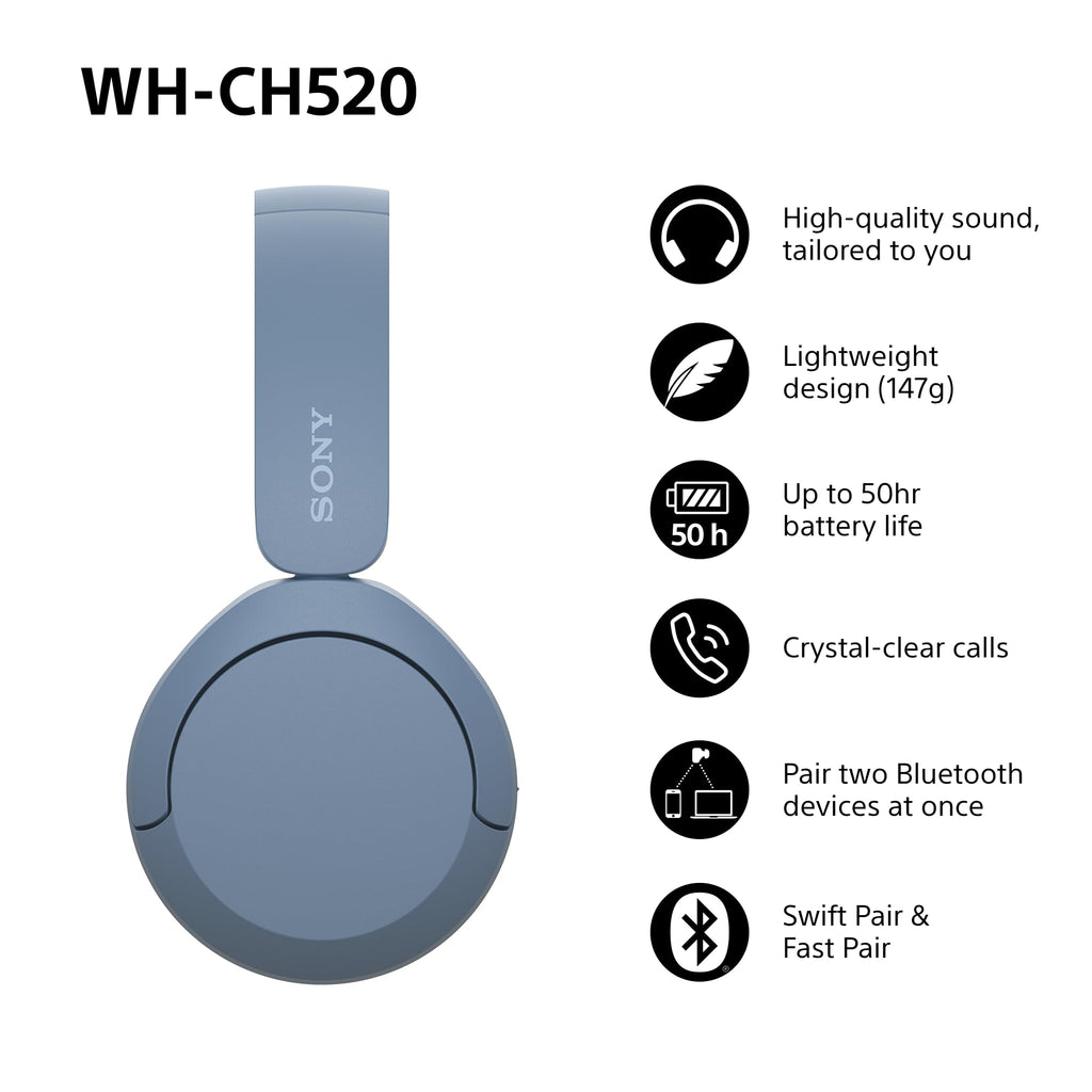 Sony WH-CH520 Wireless Bluetooth On-Ear Headphones, Lightweight Design, Up to 50 Hr Battery Life, Quick Charge, EQ, Clear Call Quality, iOS & Android, Black