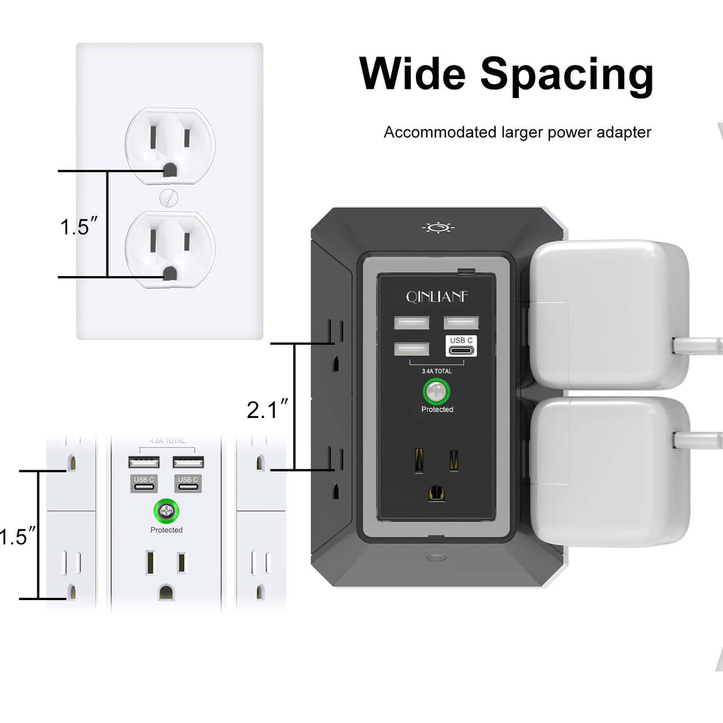 Wall Charger, Surge Protector, QINLIANF 5 Outlet Extender with 4 USB Ports