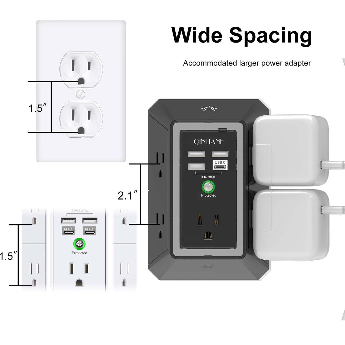 Wall Charger, Surge Protector, QINLIANF 5 Outlet Extender with 4 USB Ports