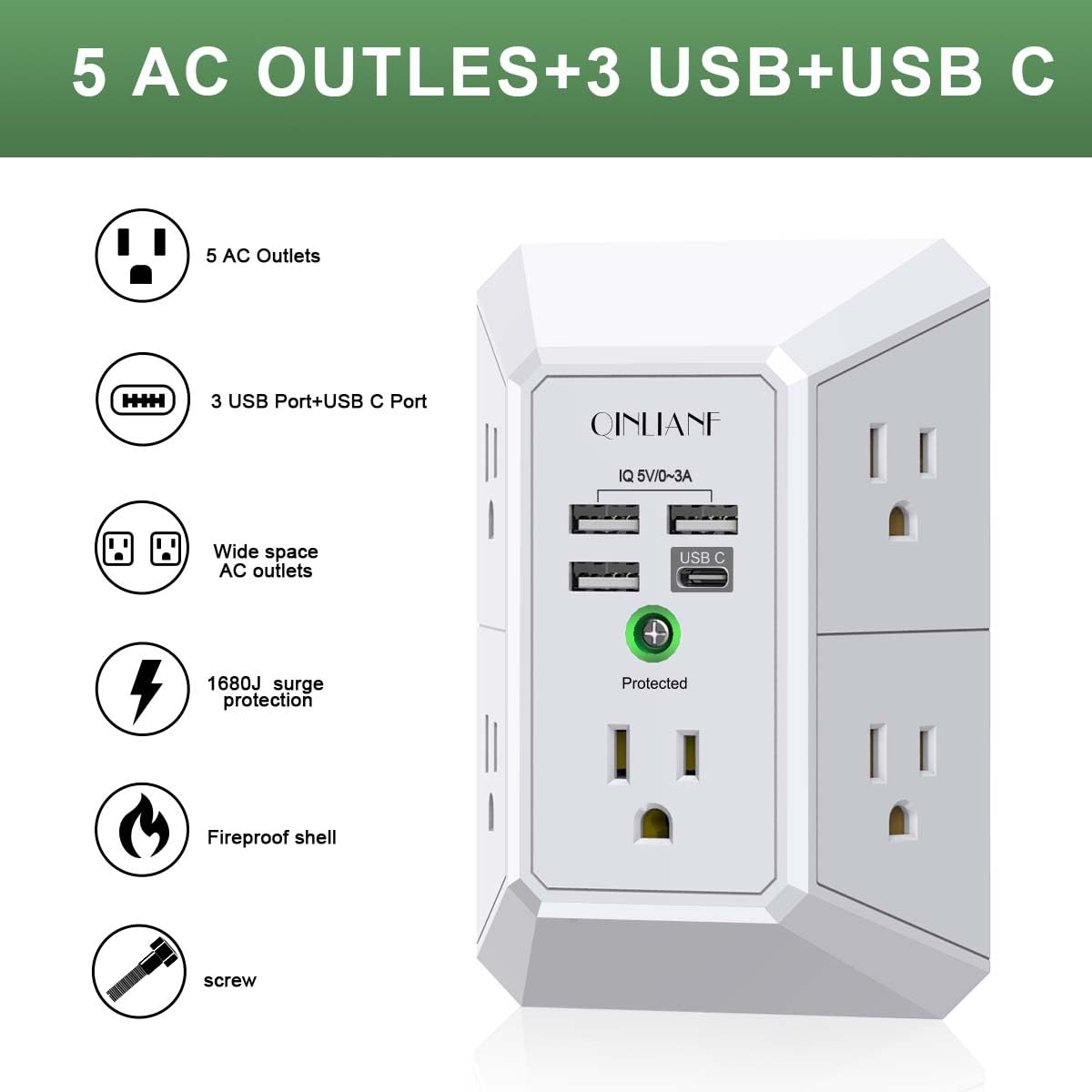 Wall Charger, Surge Protector, QINLIANF 5 Outlet Extender with 4 USB Ports