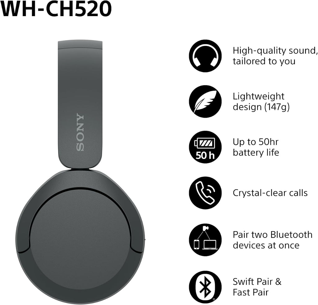 Sony WH-CH520 Wireless Bluetooth On-Ear Headphones, Lightweight Design, Up to 50 Hr Battery Life, Quick Charge, EQ, Clear Call Quality, iOS & Android, Black