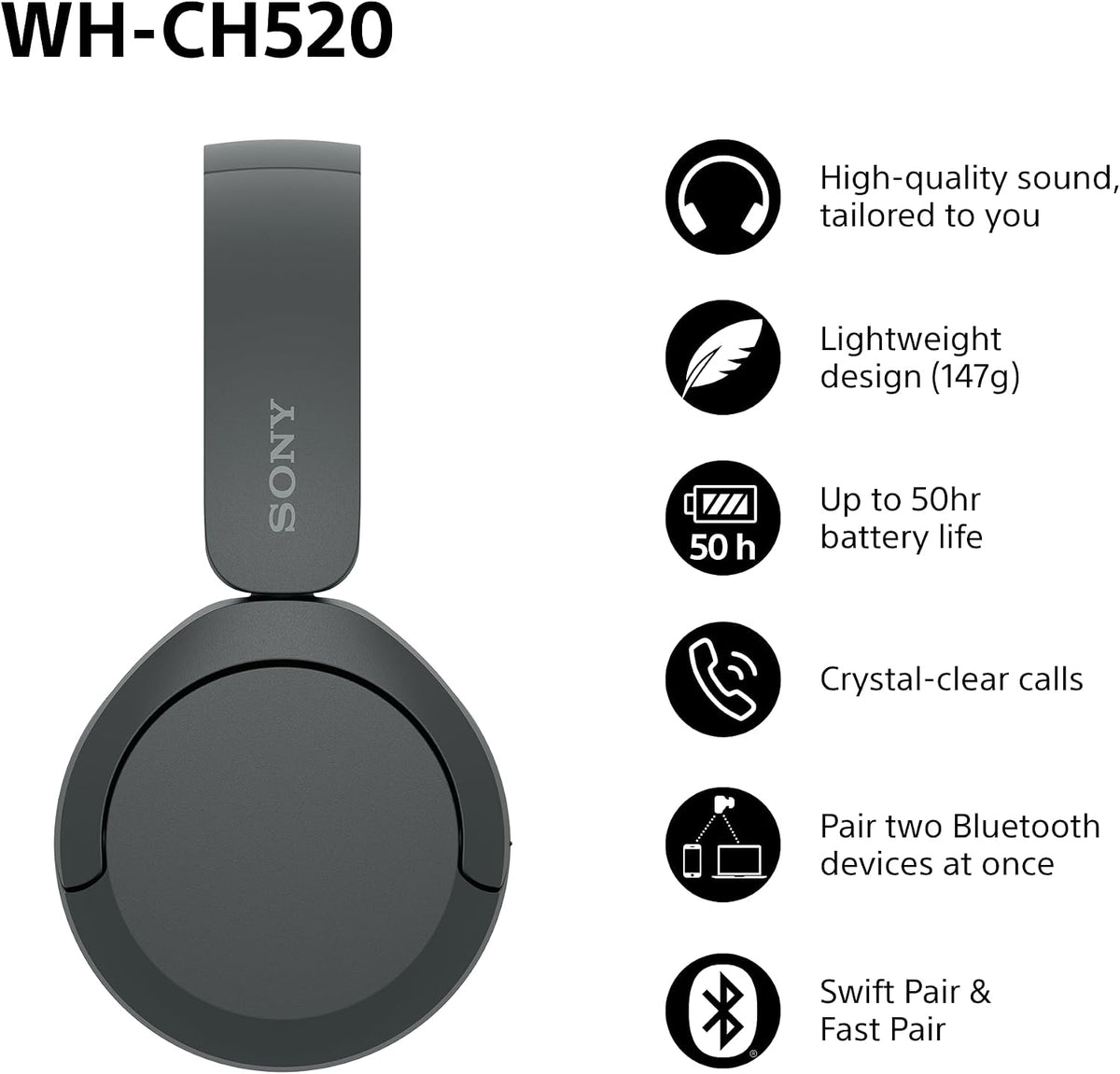 Sony WH-CH520 Wireless Bluetooth On-Ear Headphones, Lightweight Design, Up to 50 Hr Battery Life, Quick Charge, EQ, Clear Call Quality, iOS & Android, Black