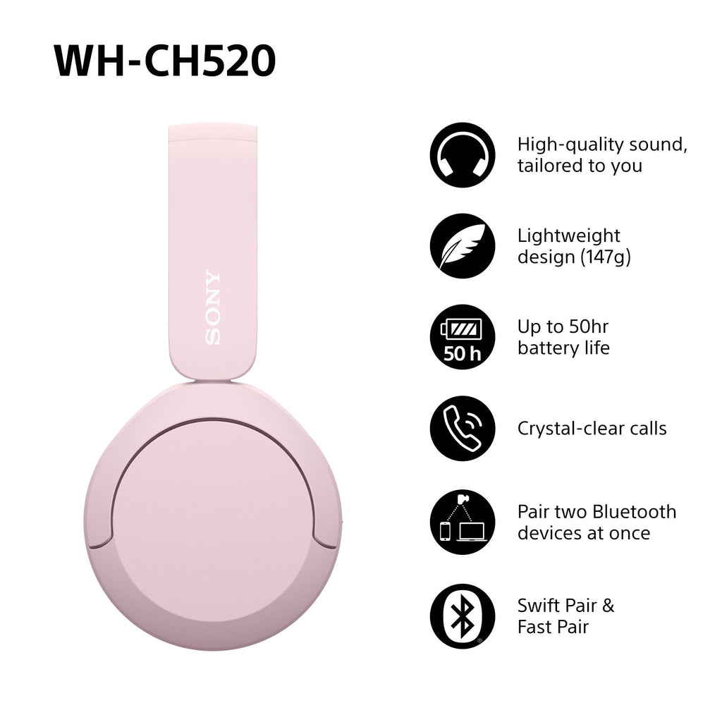 Sony WH-CH520 Wireless Bluetooth On-Ear Headphones, Lightweight Design, Up to 50 Hr Battery Life, Quick Charge, EQ, Clear Call Quality, iOS & Android, Black