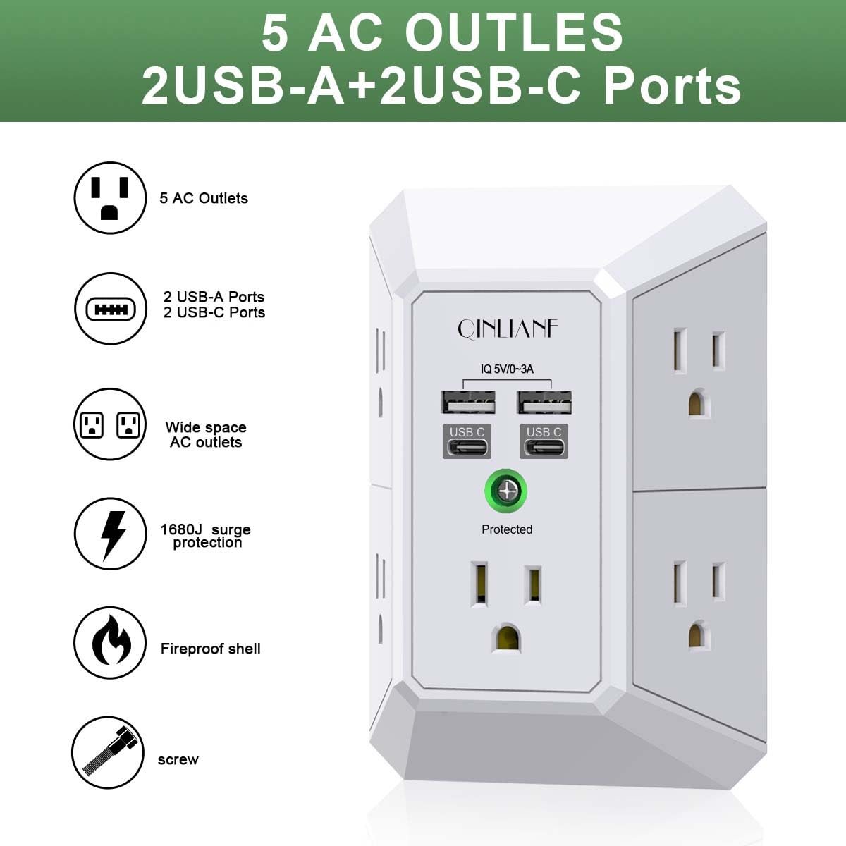 Wall Charger, Surge Protector, QINLIANF 5 Outlet Extender with 4 USB Ports