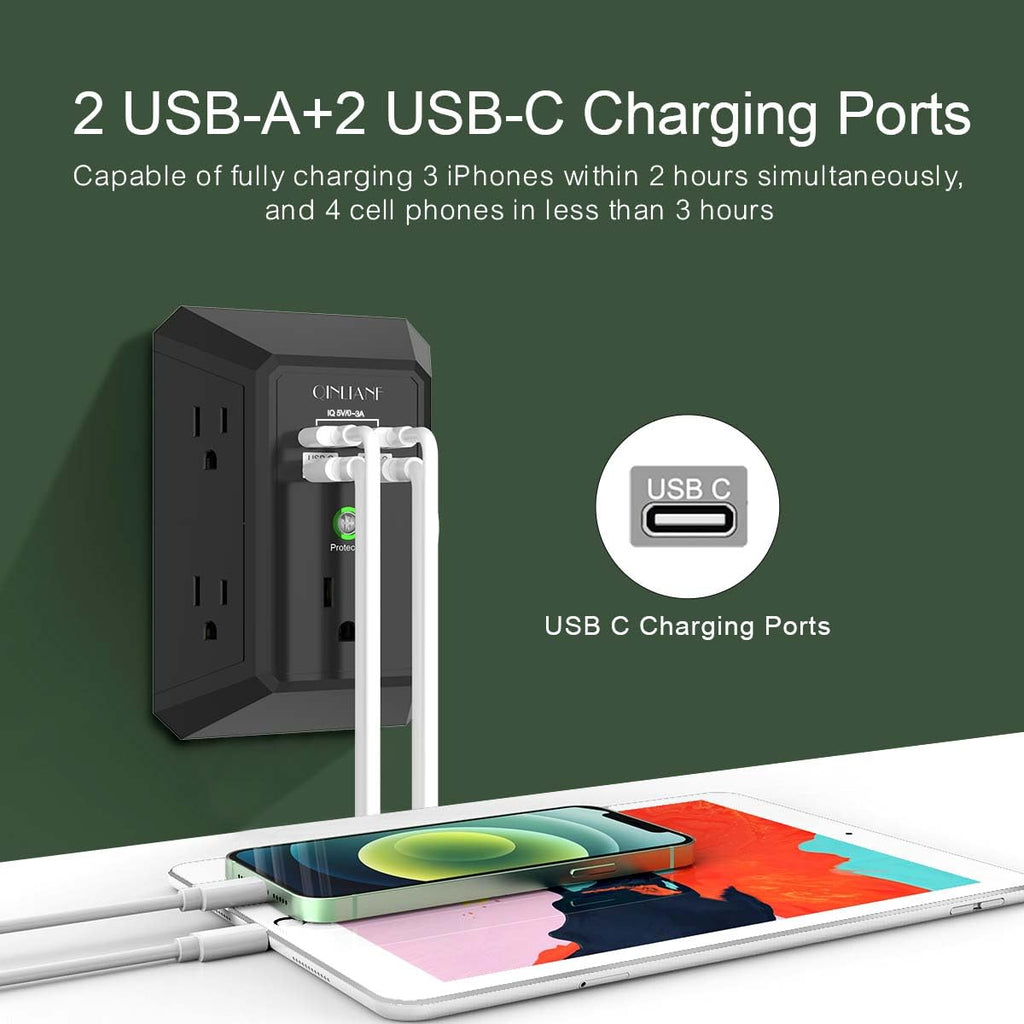 Wall Charger, Surge Protector, QINLIANF 5 Outlet Extender with 4 USB Ports