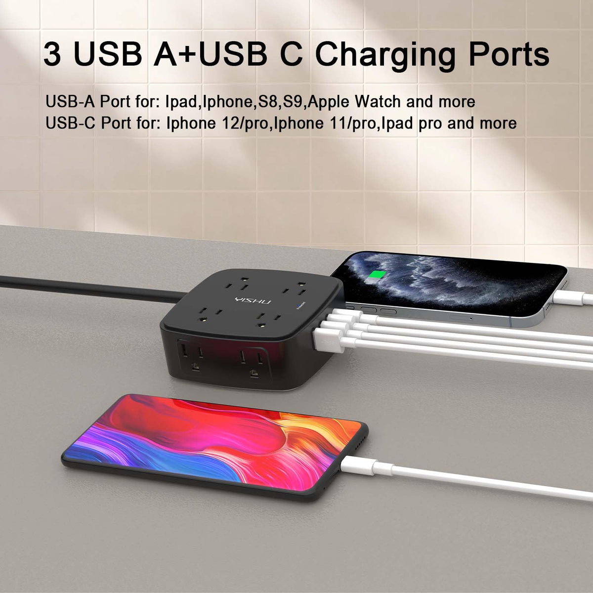 YISHU 6Ft Surge Protector Power Strip with 8 Widely Outlets & 4 USB Ports