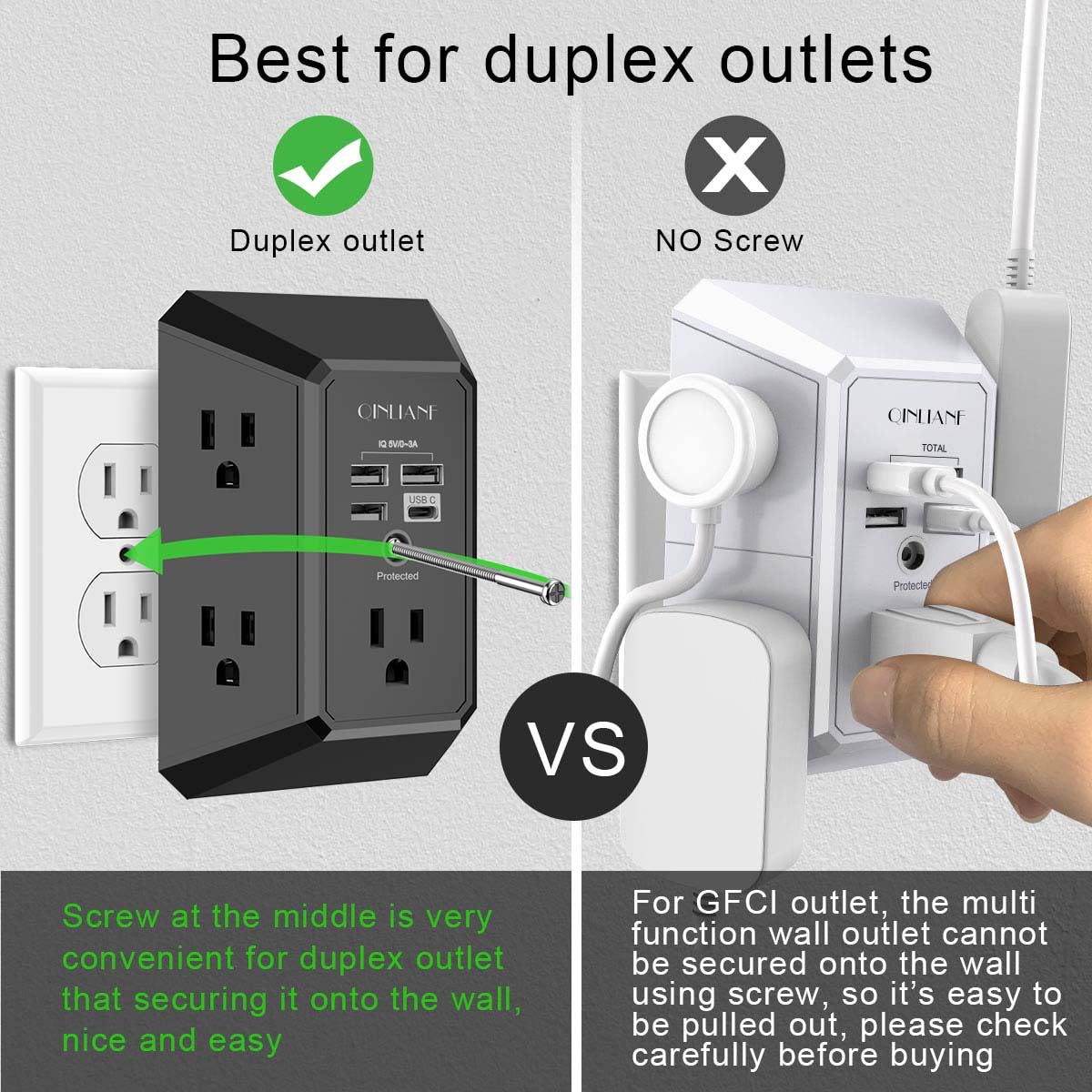 Wall Charger, Surge Protector, QINLIANF 5 Outlet Extender with 4 USB Ports
