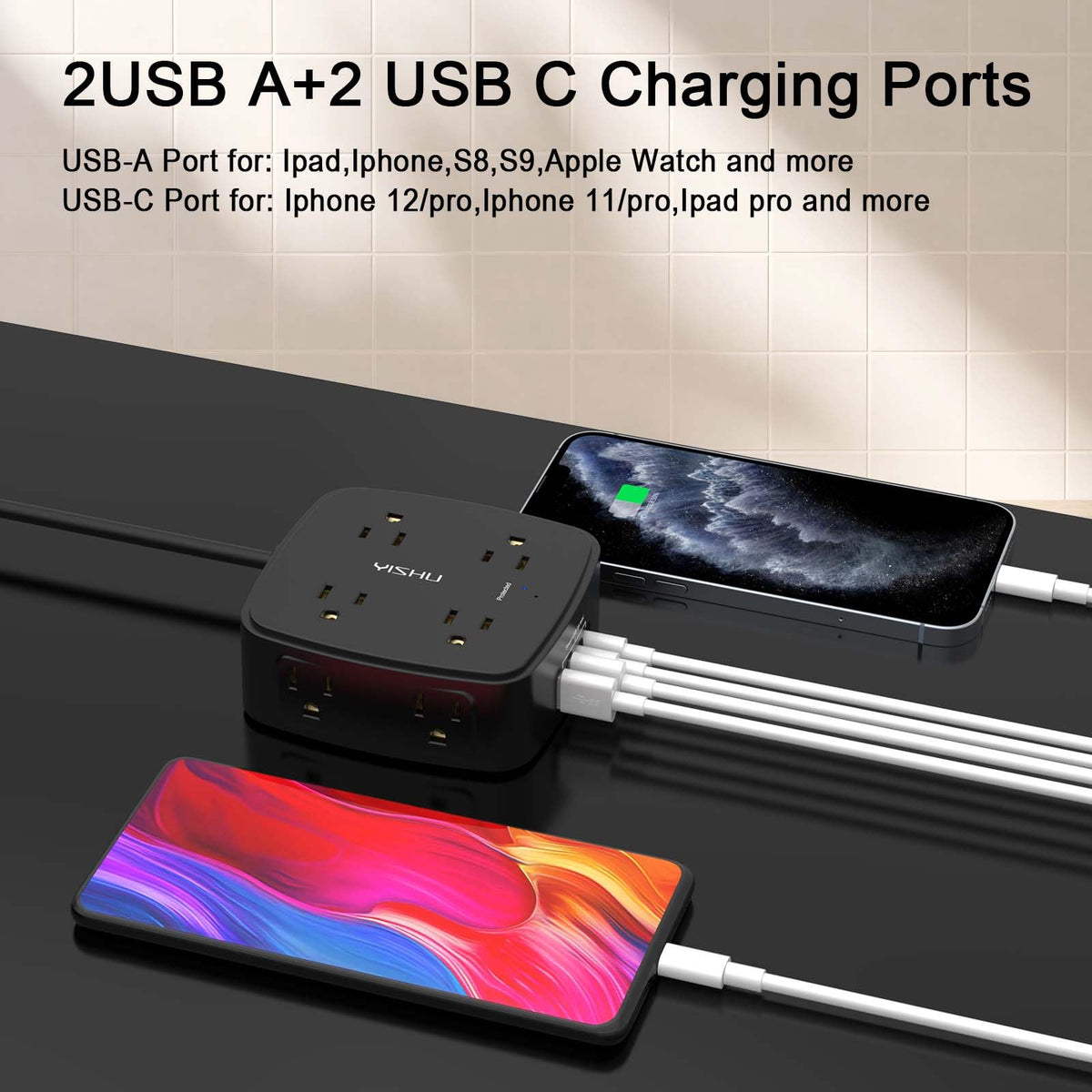 YISHU 6Ft Surge Protector Power Strip with 8 Widely Outlets & 4 USB Ports
